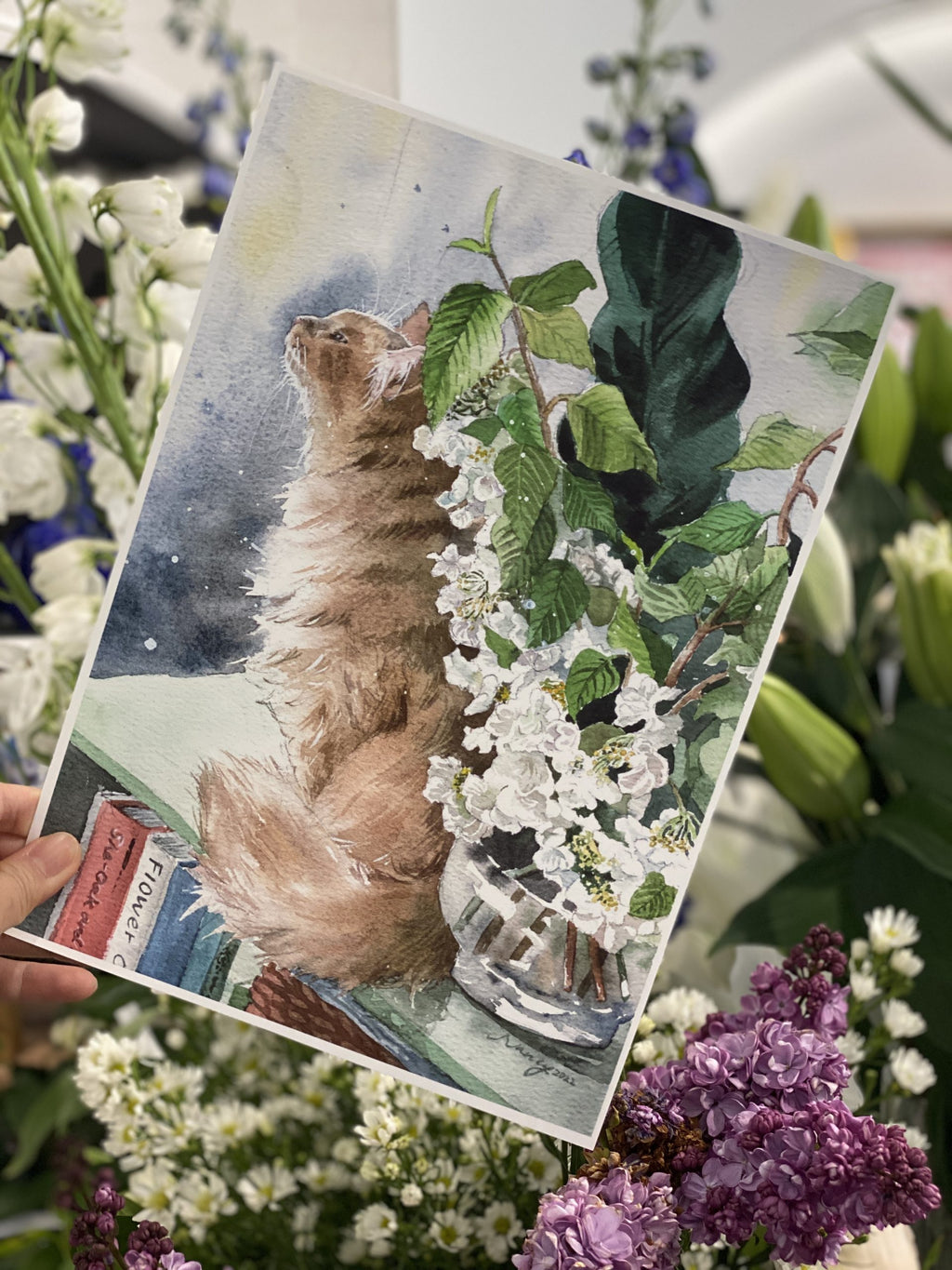 Sit by the Viburnum Flowers cat and floral watercolour print, full artwork view