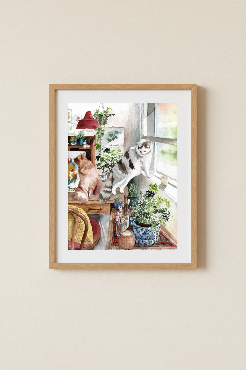 Afternoon Playground cat watercolour print displayed in an oak frame