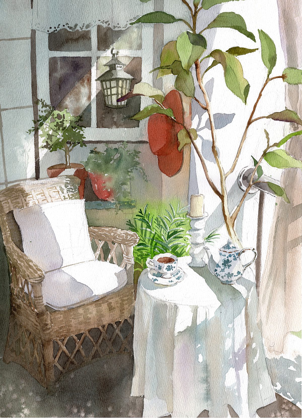 Cozy watercolour art print-Afternoon tea in balcony