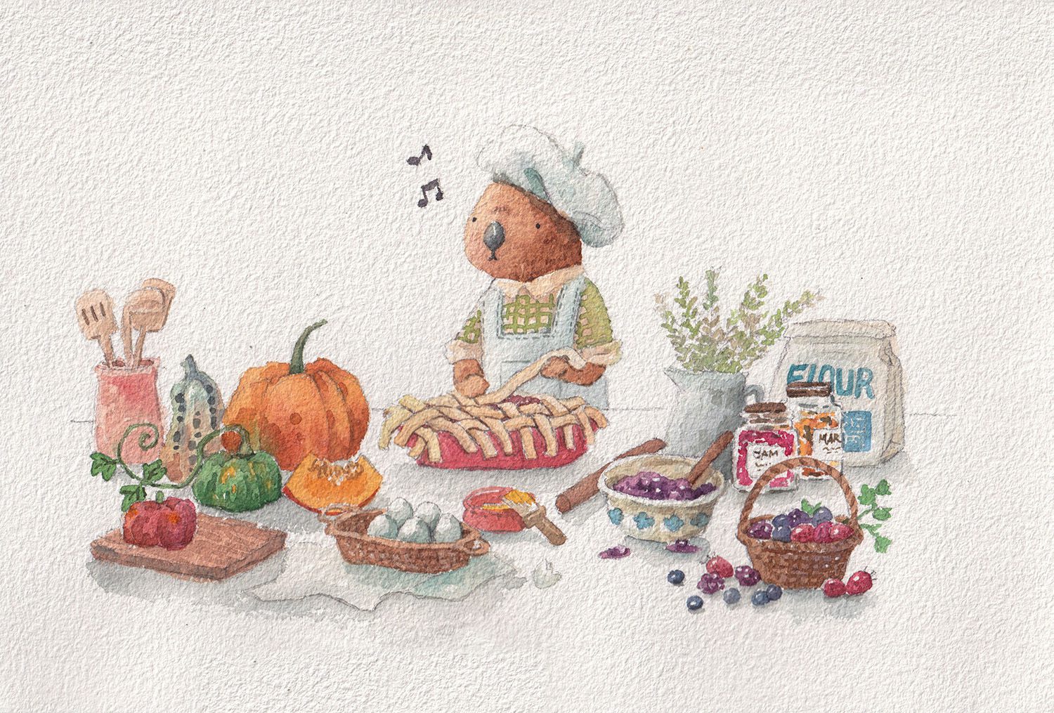 Watercolour illustration of Mr. Otter cooking with pumpkins and autumn berries