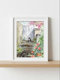 Watercolour print of a tuxedo cat on stone steps among pink camellias in Balmain, Sydney