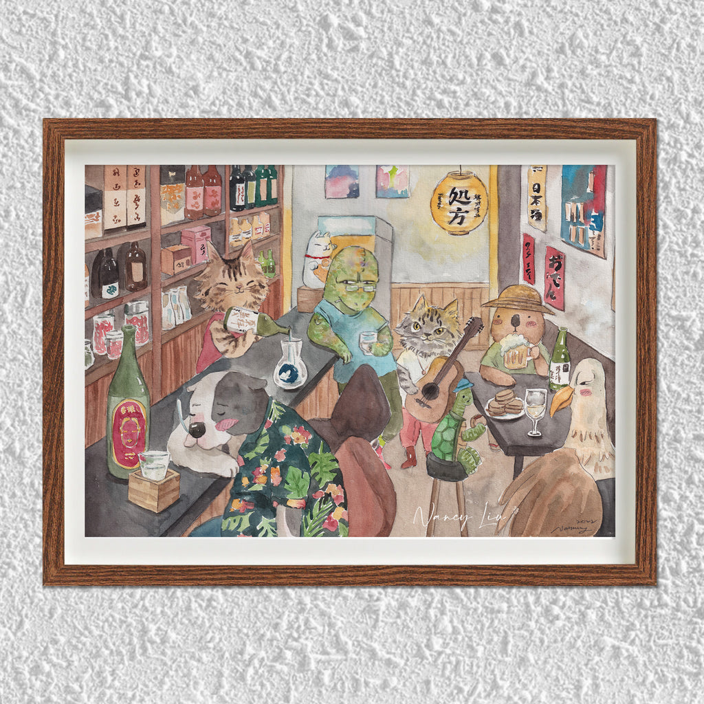 Watercolour illustration of animals having a drink together at a bar
