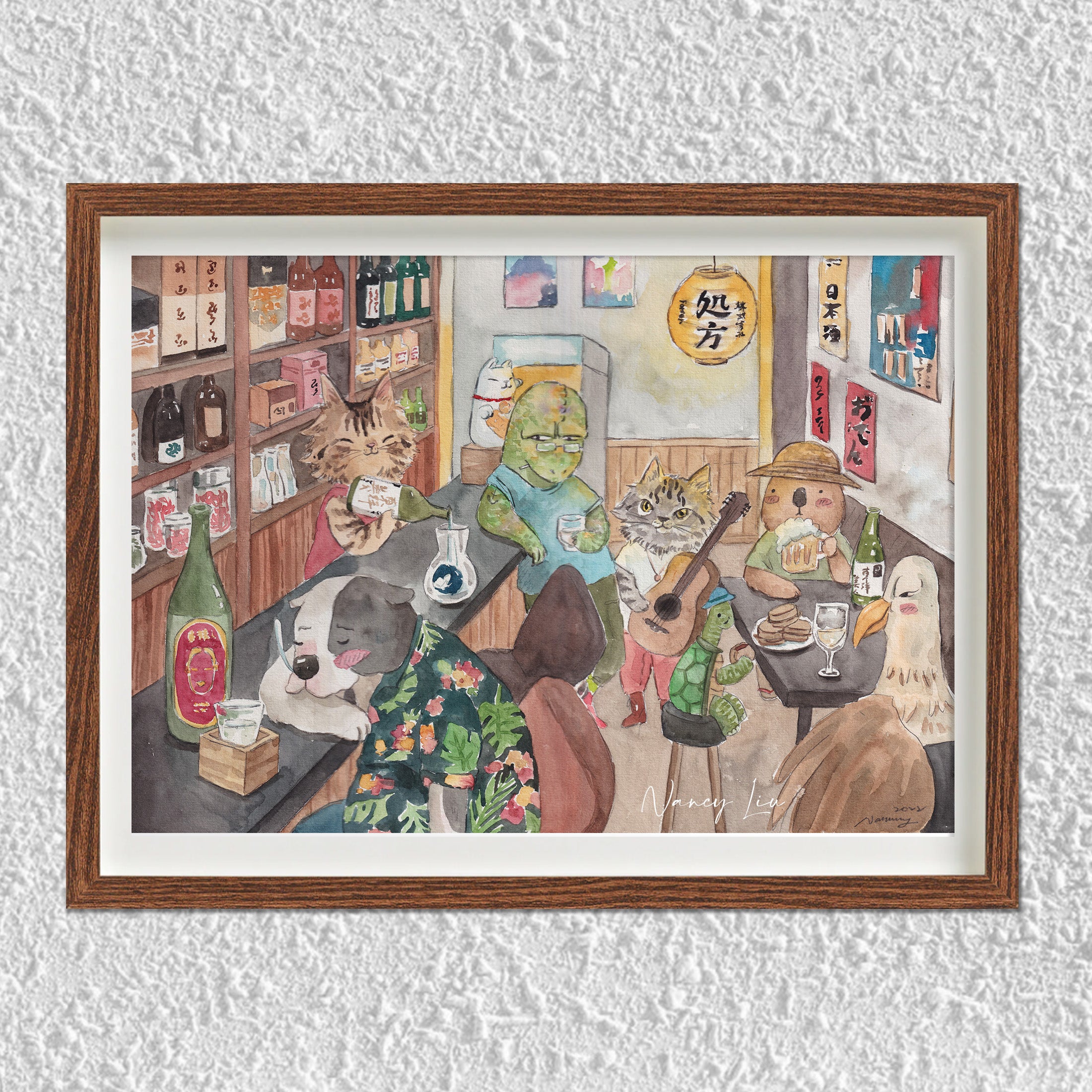 Watercolour illustration of animals having a drink together at a bar
