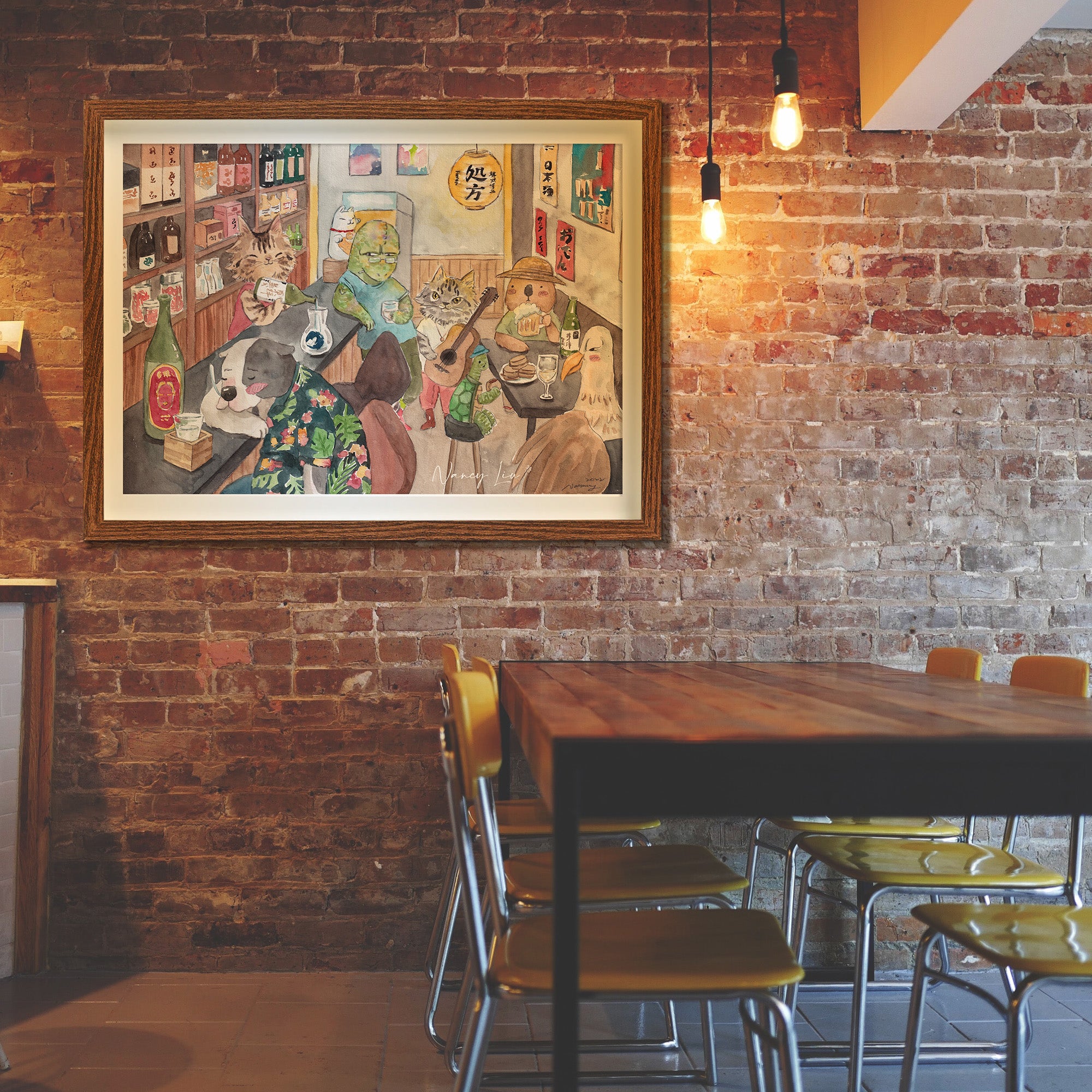 Mr. Otter's Friday night print styled above a bar cart