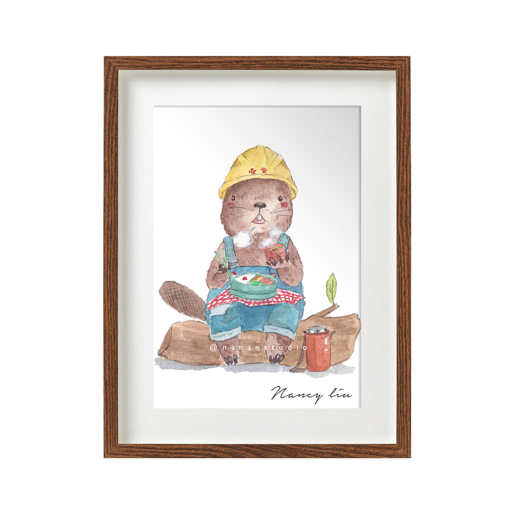 Mr. Beaver's lunch time print in a frame on a wall