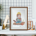 Watercolour illustration of Mr. Beaver sitting down to his lunch, shown framed