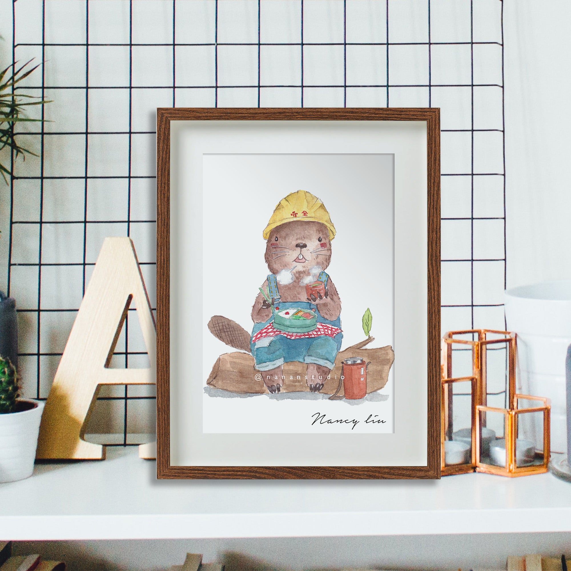 Watercolour illustration of Mr. Beaver sitting down to his lunch, shown framed