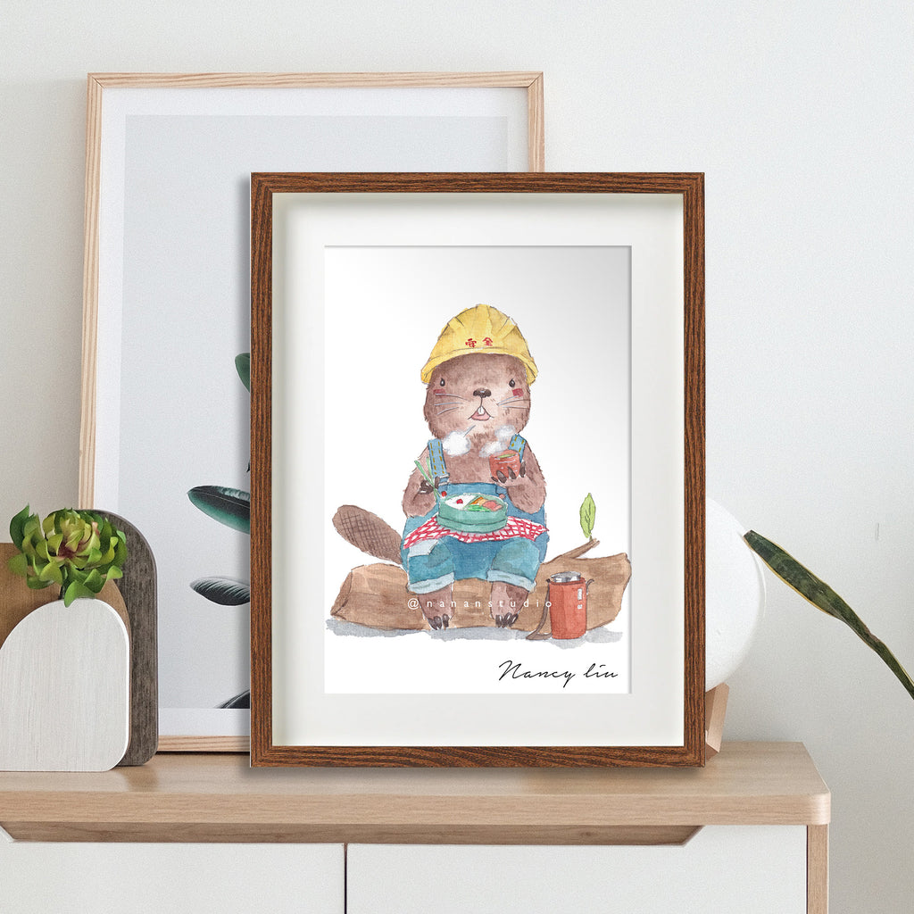 Mr. Beaver's lunch time print framed and styled on a shelf