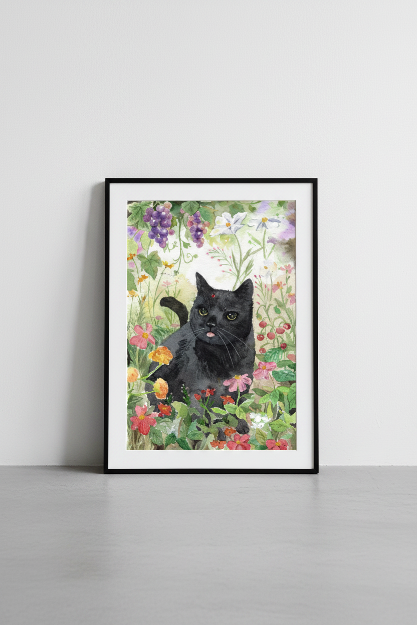 Black Cat Painting in Black Modern Frame