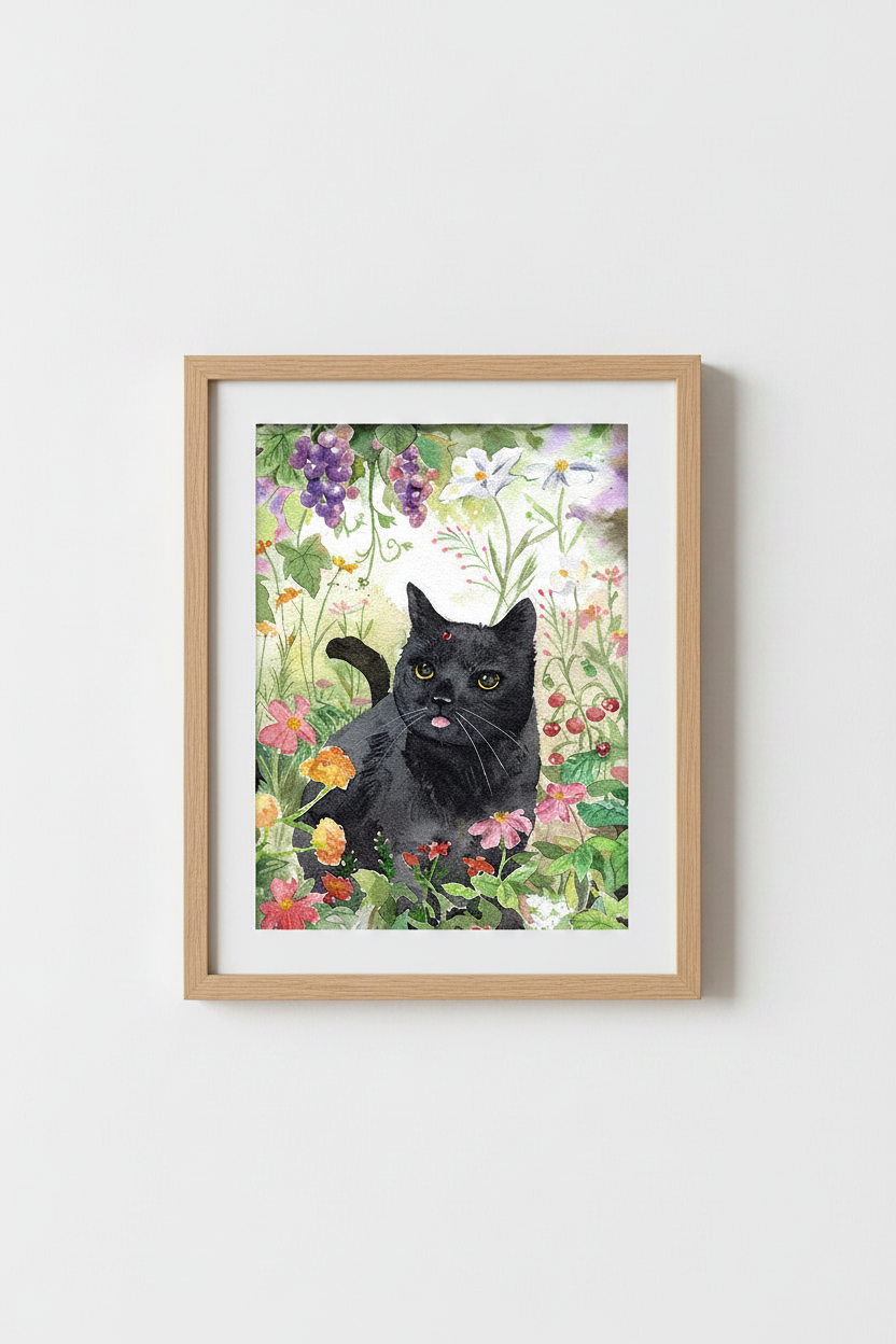 Black Cat Painting in Wood Frame on Wall