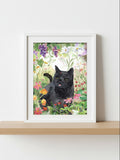 Watercolour art print of a black cat with a ladybug in a garden, by Nanan Studio