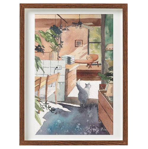 Watercolour print of a blue-hued cat lounging in a warm, sunlit kitchen