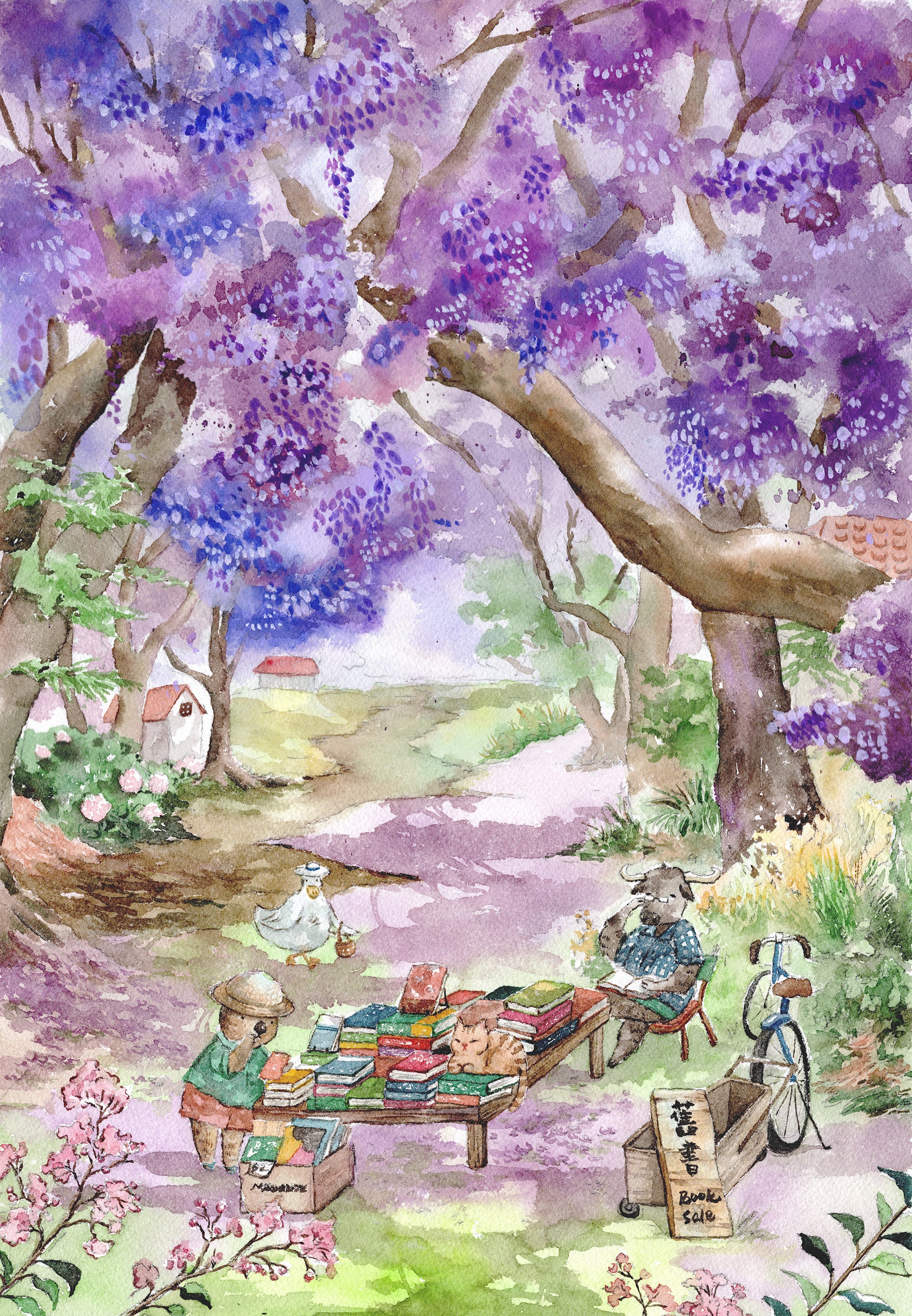 Watercolor-style illustration of a peaceful outdoor scene under blooming purple trees, with people gathered around a table of books, a bicycle, and a small sign under blooming purple Jacaranda tree.
