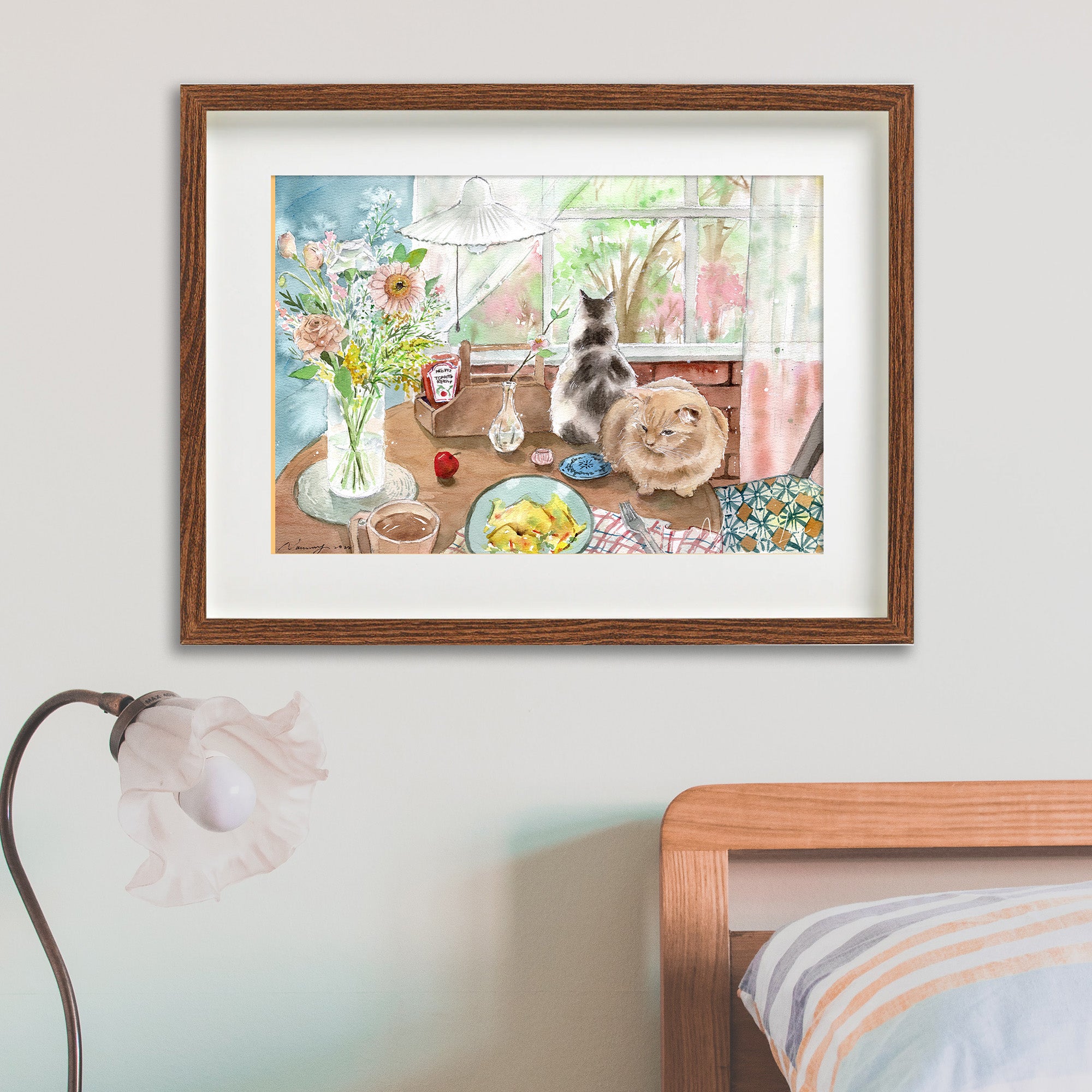 Detail of a cat beside the breakfast plates in the Breakfast with Cats print