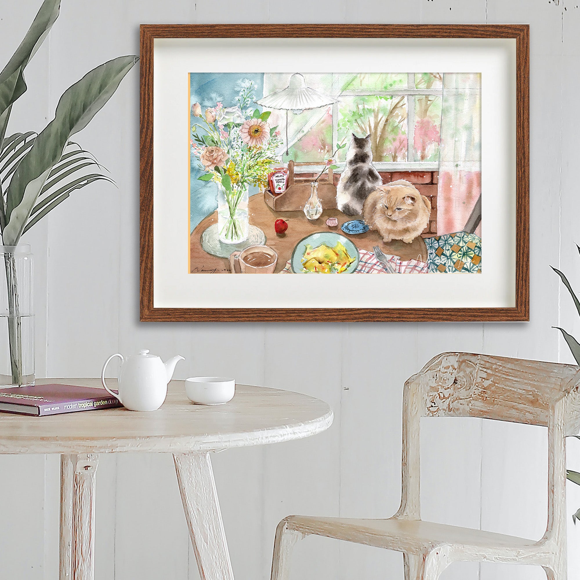Close-up of the watercolour brushwork in the Breakfast with Cats art print