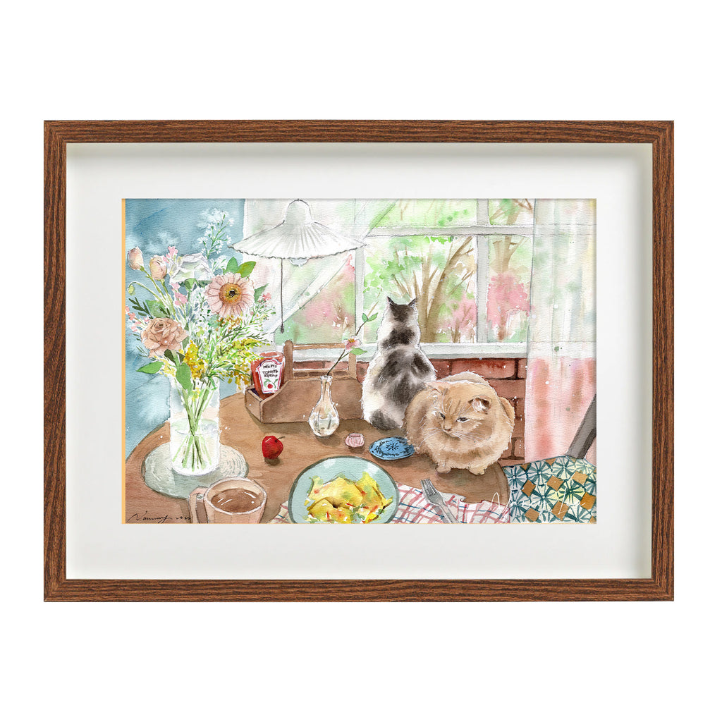 Colourful watercolour print of cats joining breakfast at the kitchen table