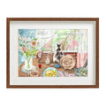 Colourful watercolour print of cats joining breakfast at the kitchen table