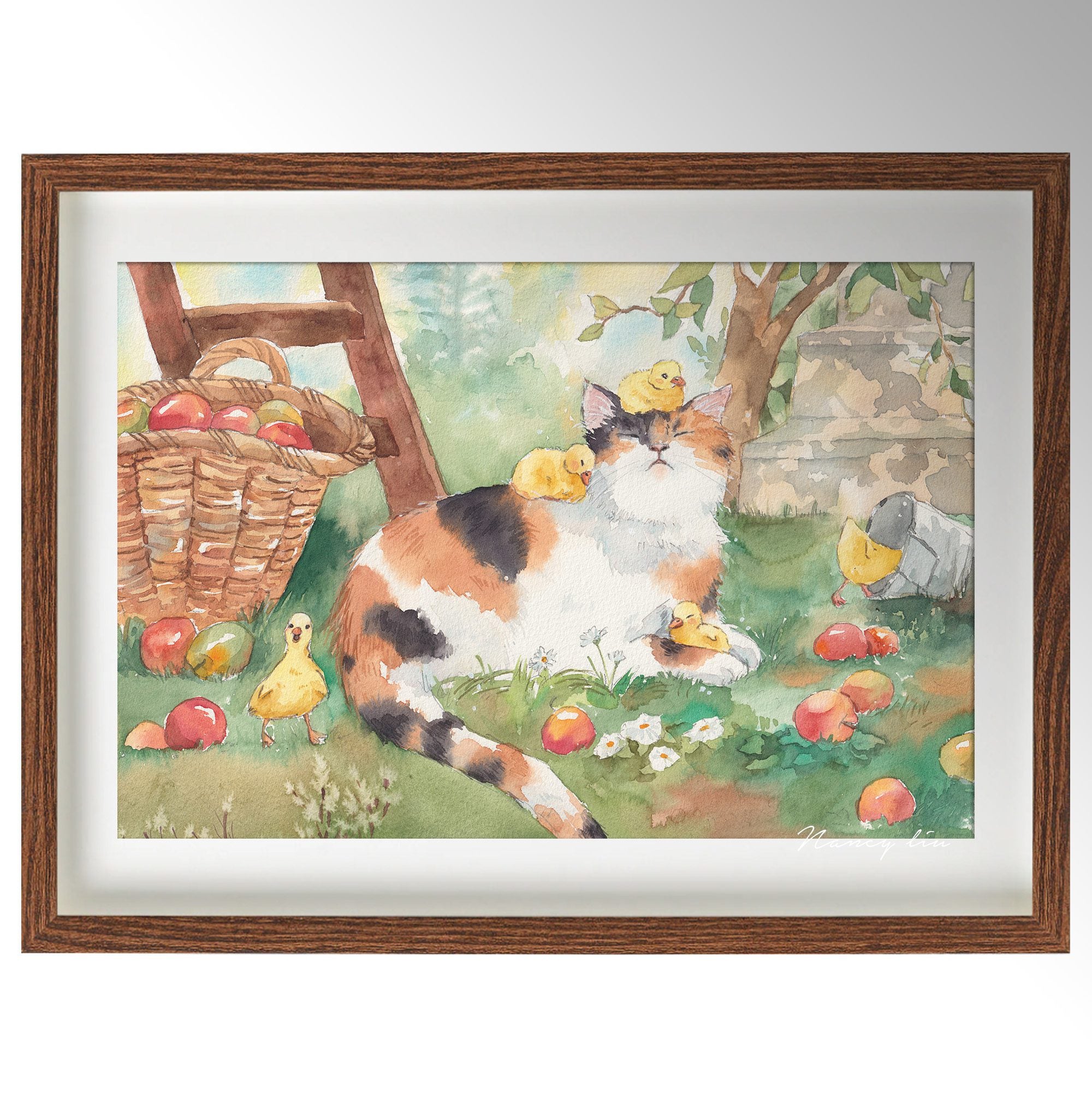 Watercolour print of a calico cat sitting with a family of ducklings in an apple garden