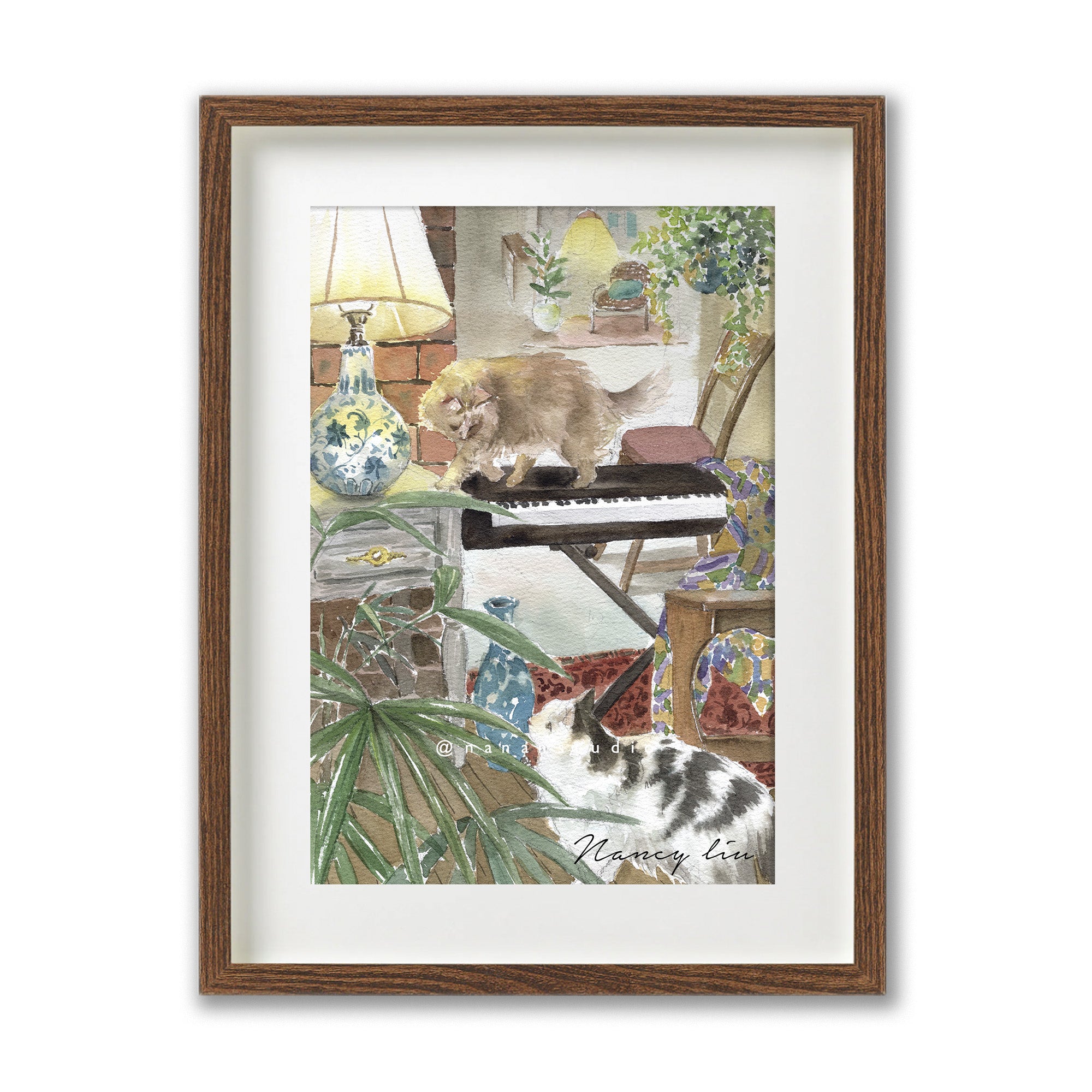 Piano and Cats cat art print in a styled interior setting