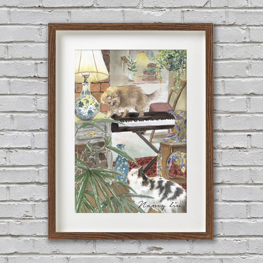 Close-up of the Piano and Cats giclee print showing the watercolour detail