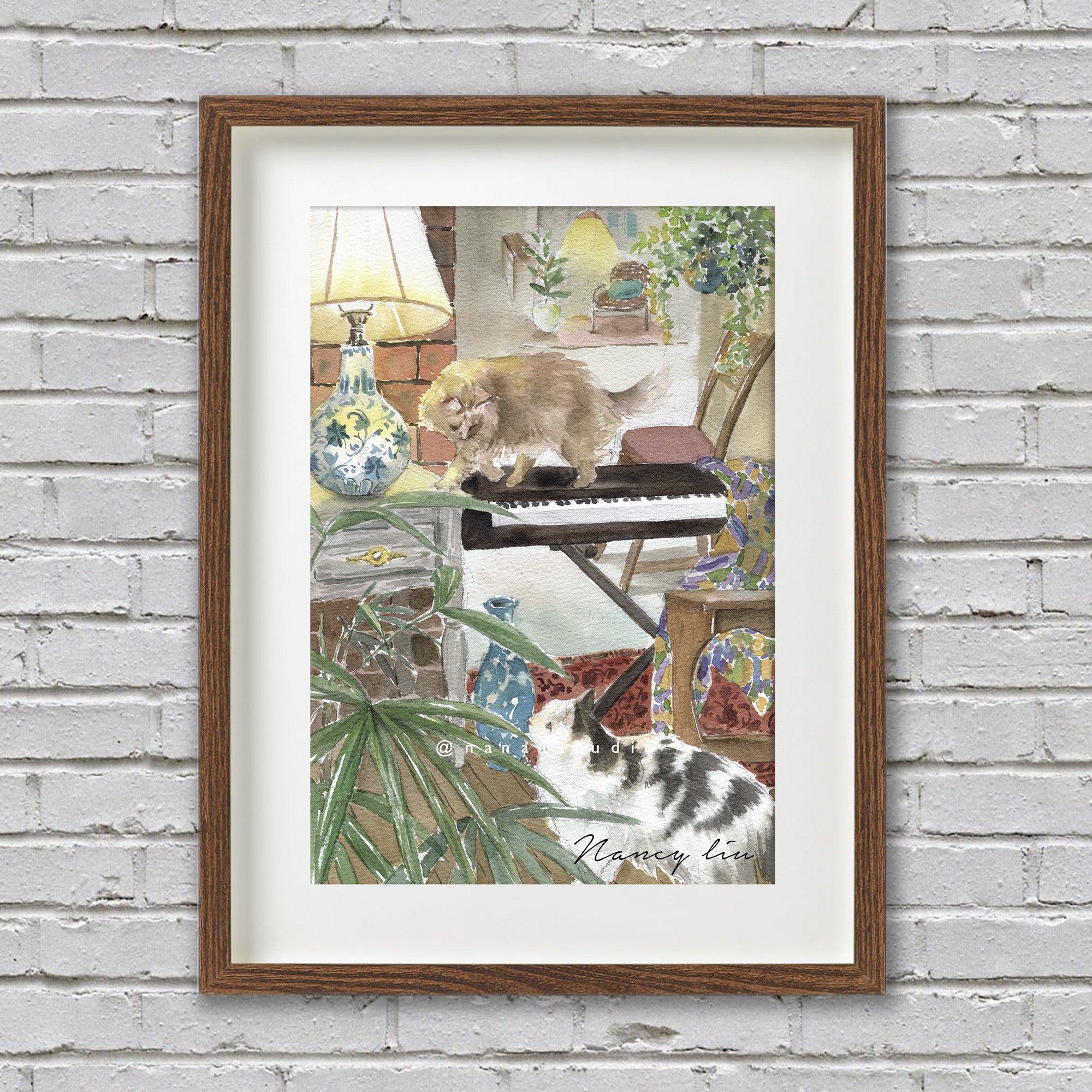 Close-up of the Piano and Cats giclee print showing the watercolour detail