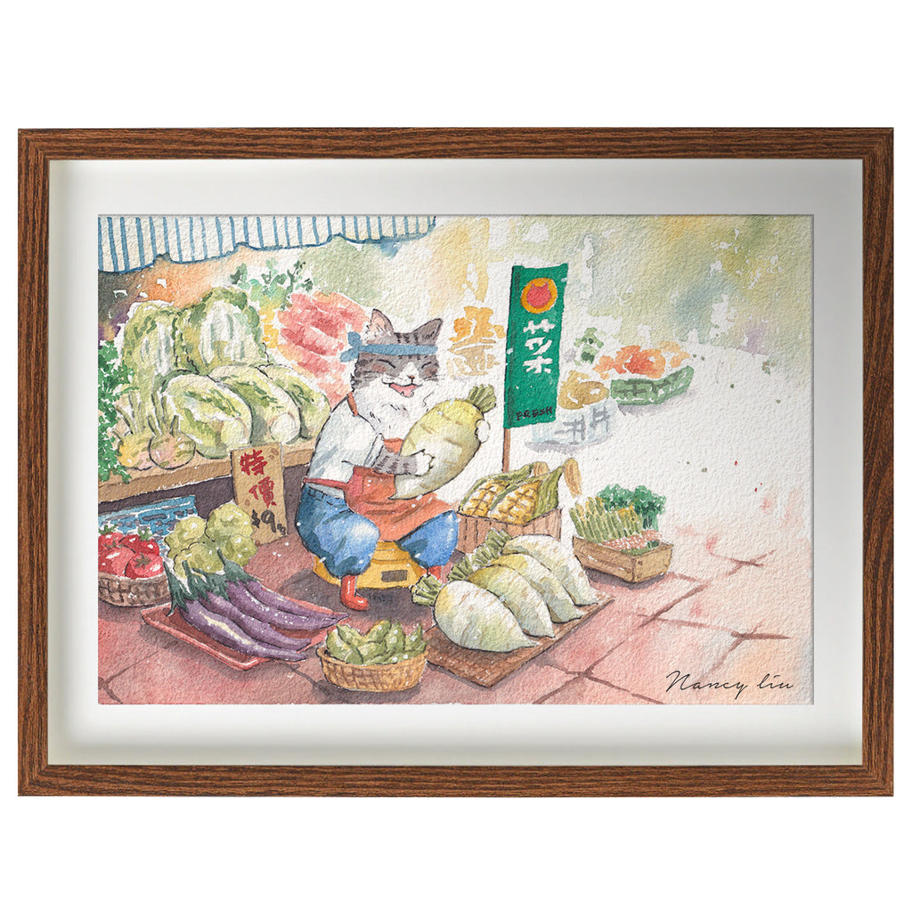 Cat seliing vegetables | watercolour art print