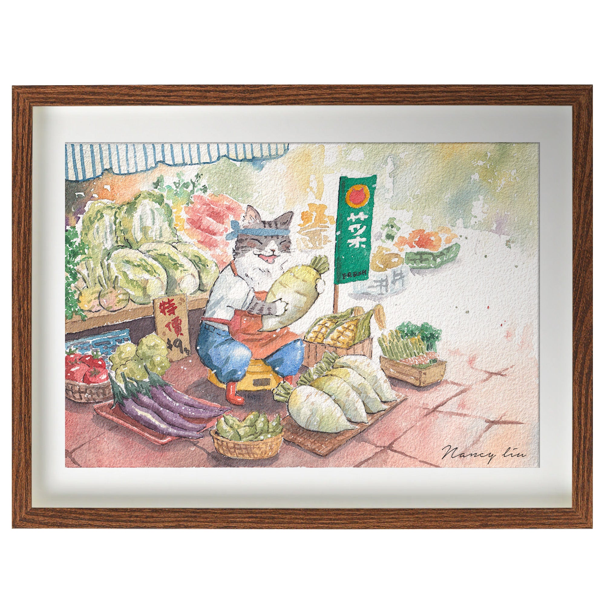 Cat seliing vegetables | watercolour art print