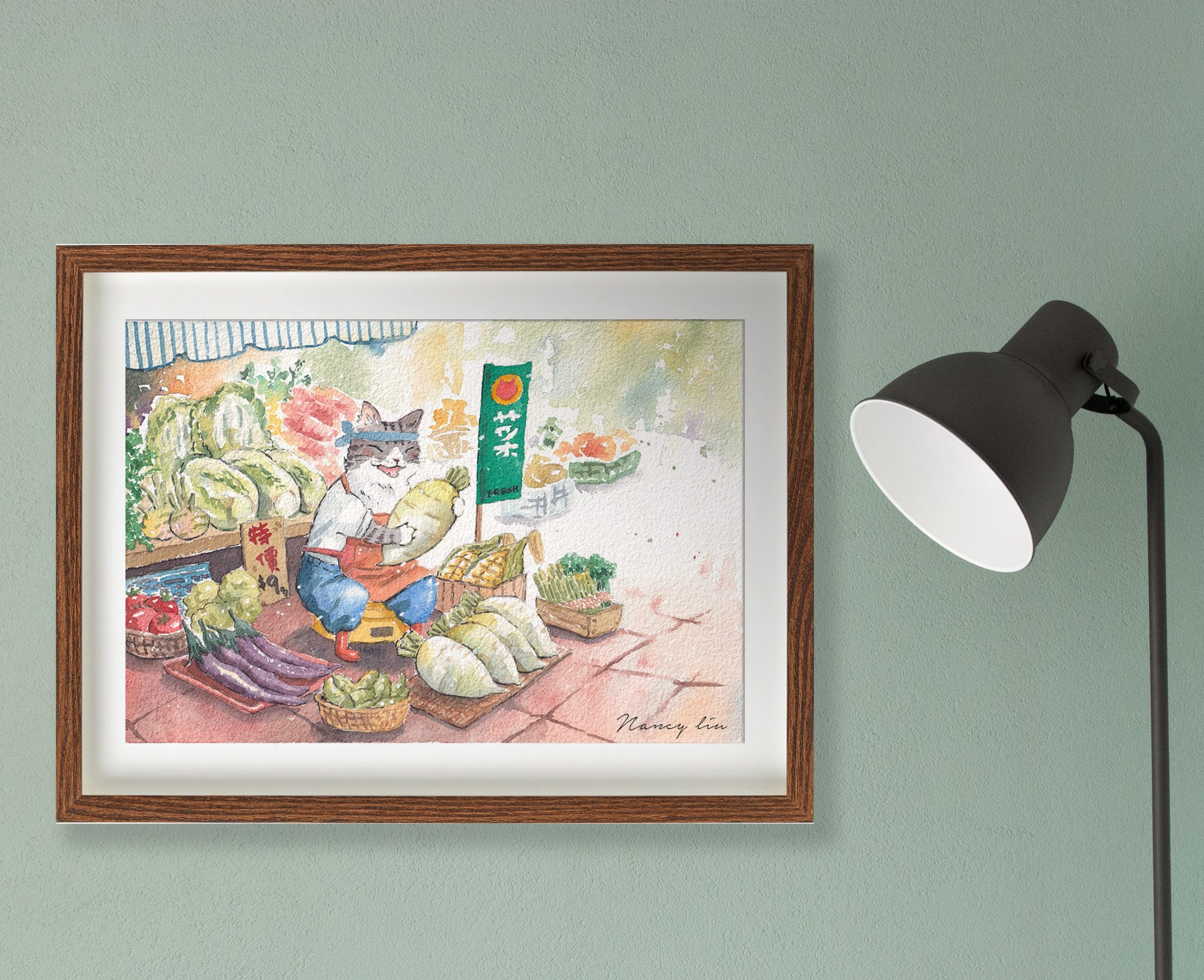 Cat Selling Vegetables | Watercolour Art Print