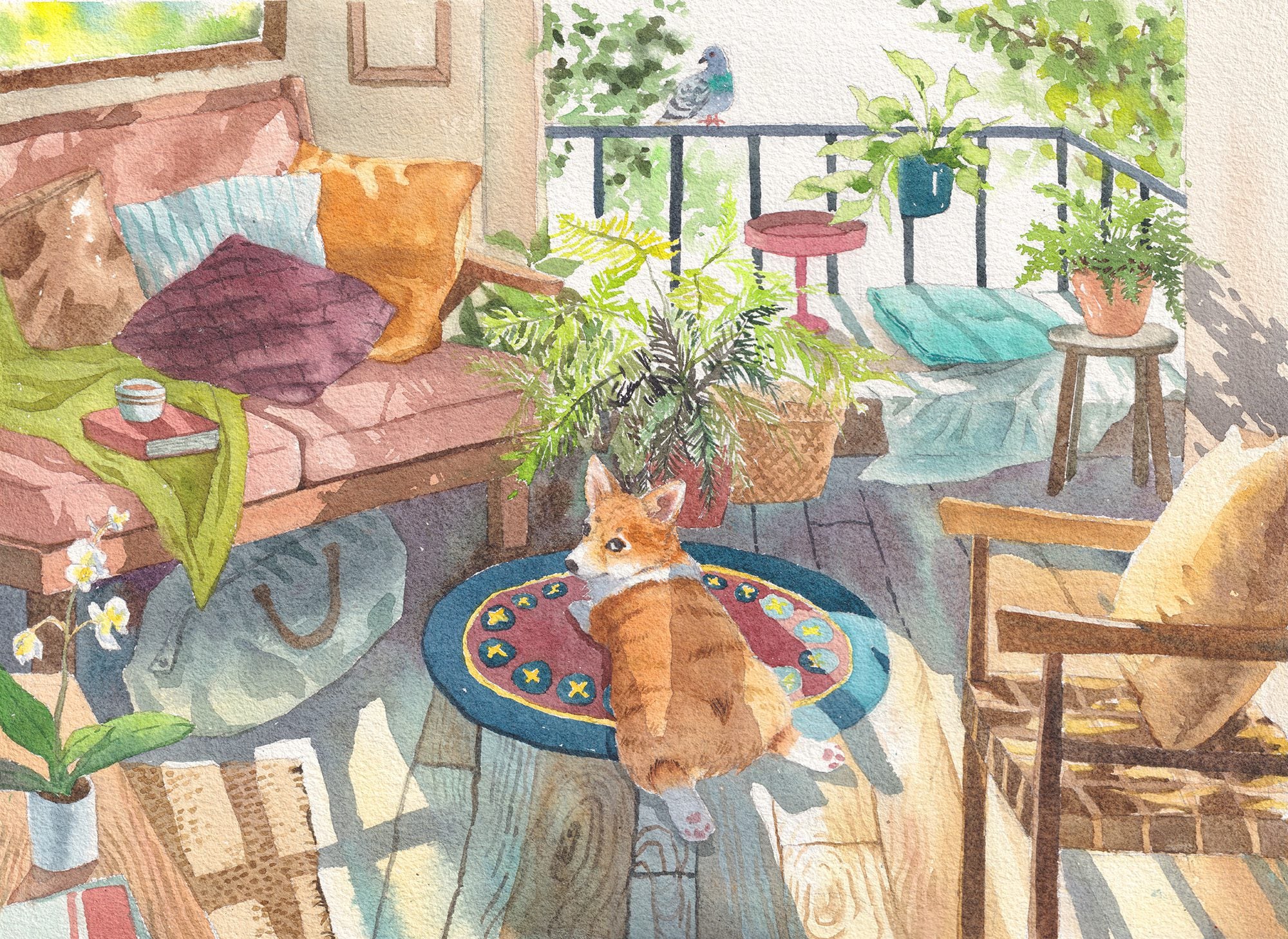 Watercolour Corgi afternoon watch - Giclée Art Print
