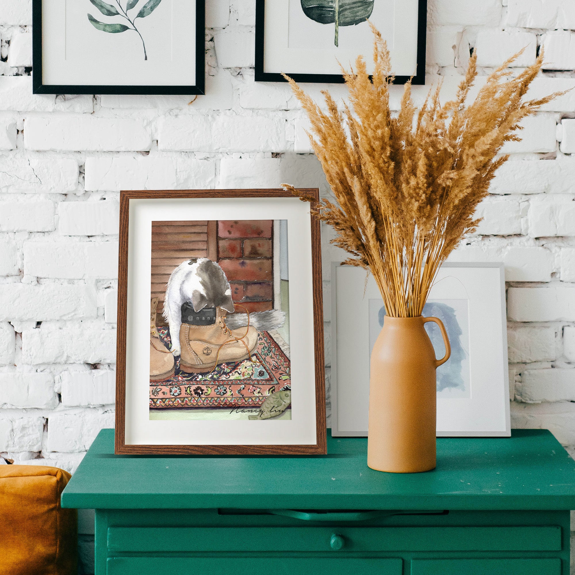 Curious About the Shoe cat watercolour print styled in a home setting
