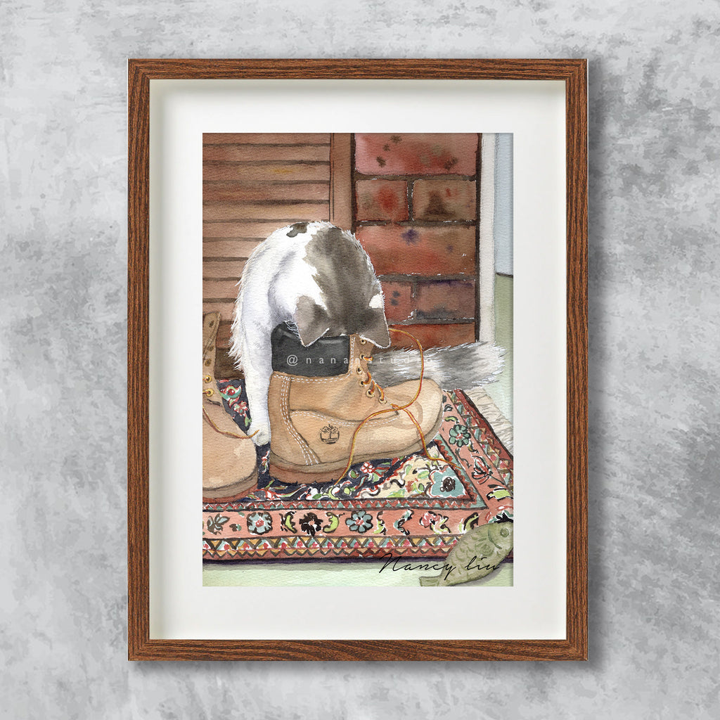 Watercolour print of a cat sniffing a pair of shoes left by the front door