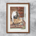 Watercolour print of a cat sniffing a pair of shoes left by the front door