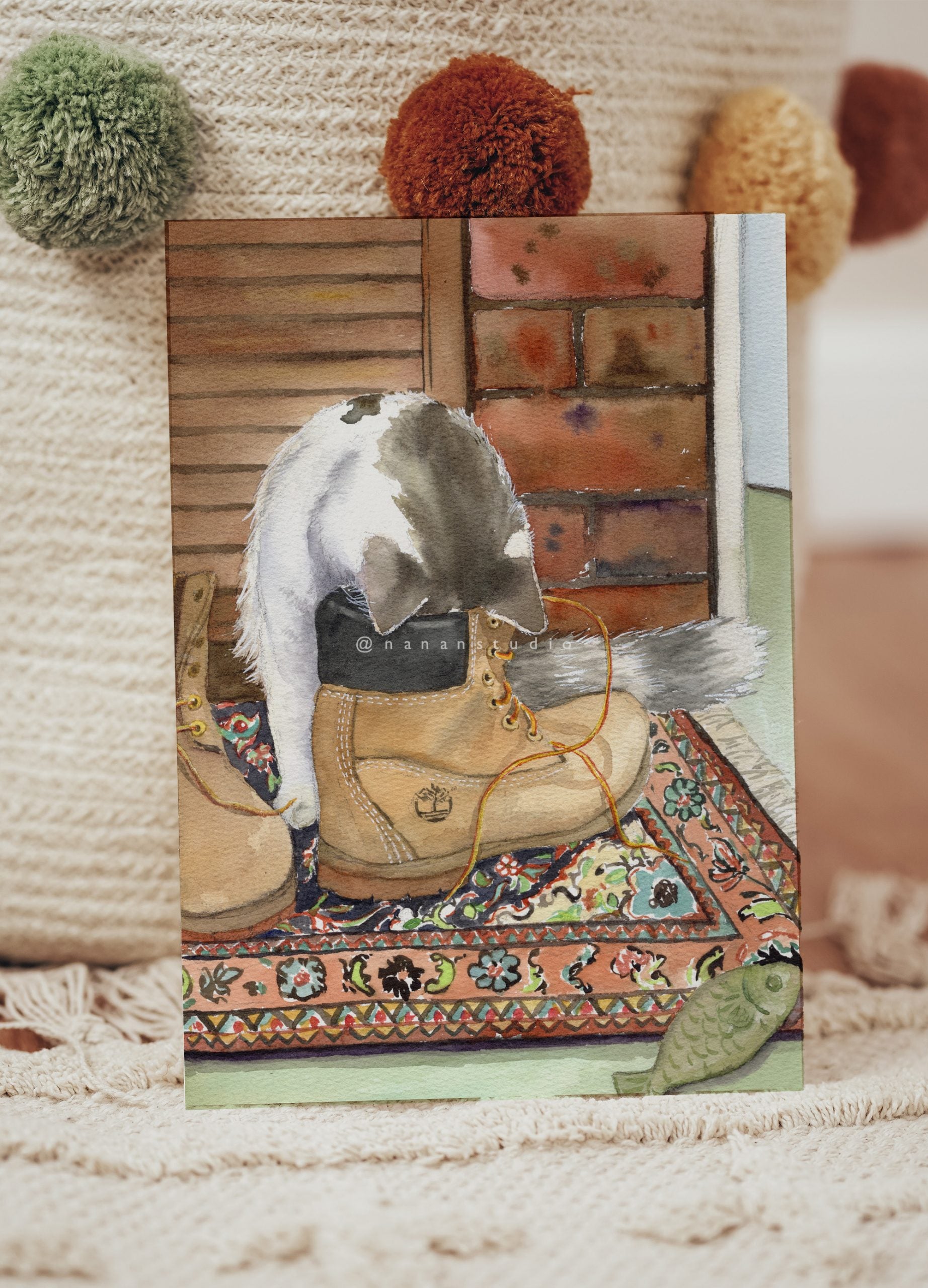 Curious About the Shoe cat art print shown framed on a wall