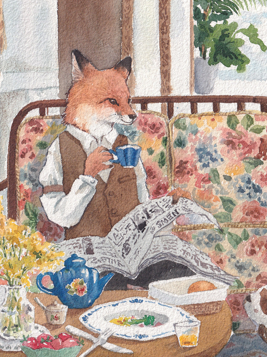 Close detail of Mr. Fox holding his teacup and newspaper