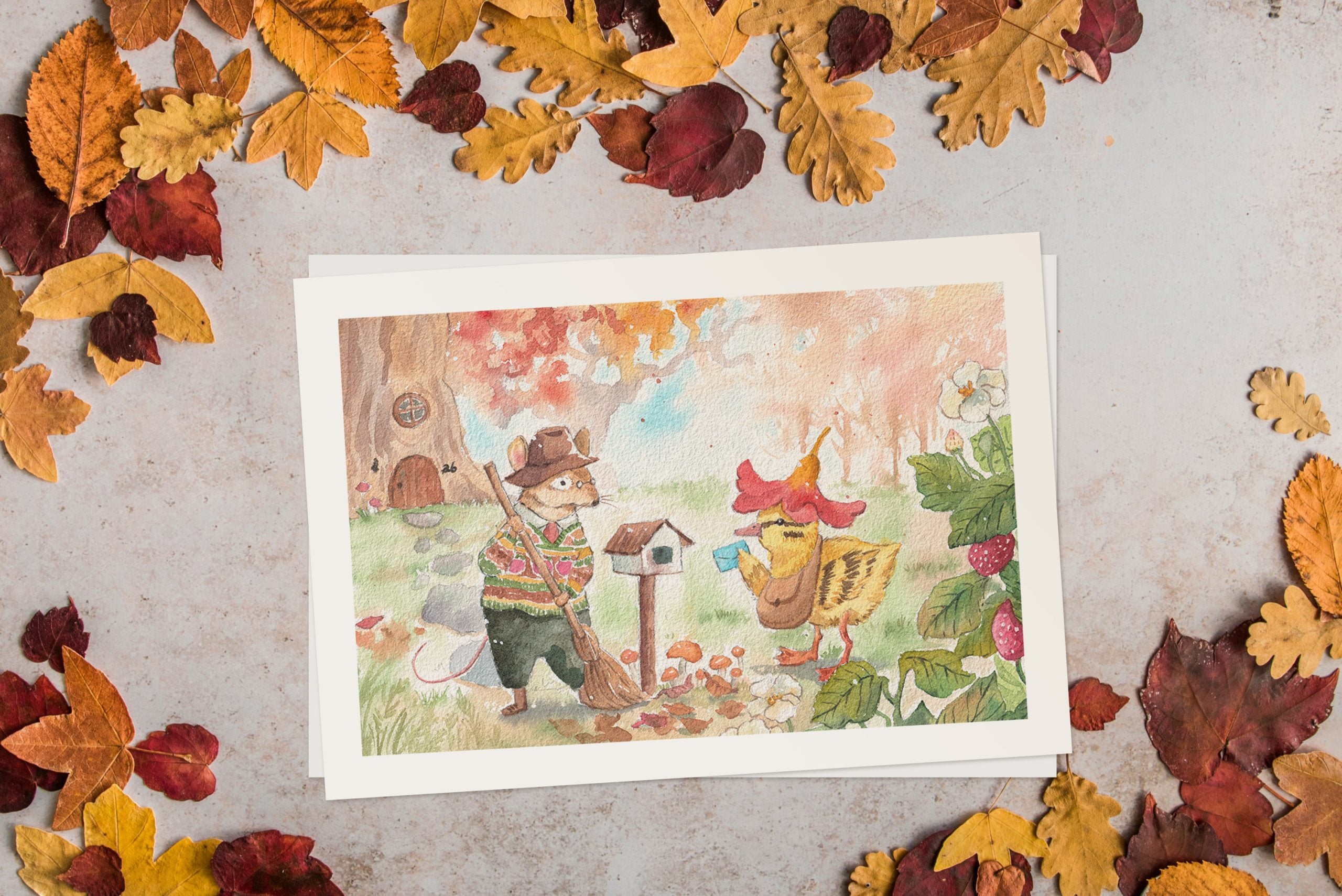 Duckling mail print framed above furniture