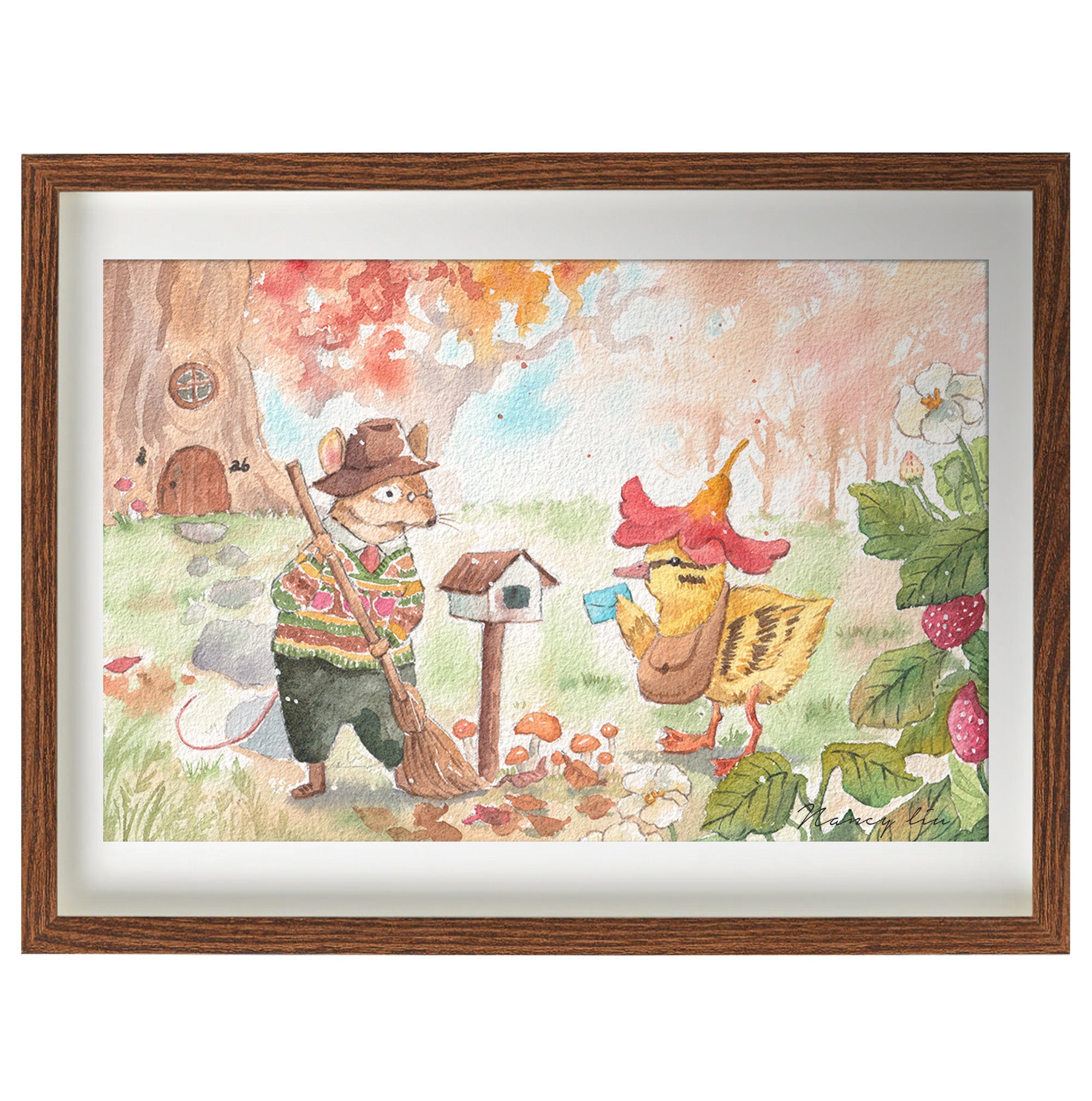 Duckling mail print framed on a wall