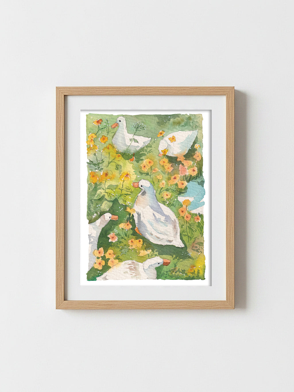 Watercolour print of five white ducks wandering through tall yellow and orange flowers in green grass