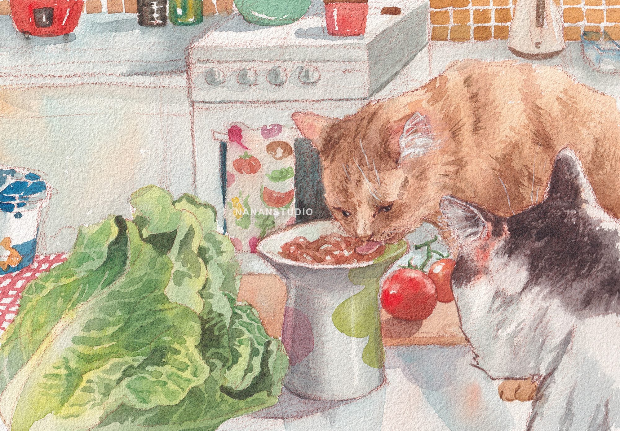Watercolour print of cats snacking among scattered vegetables on a kitchen bench