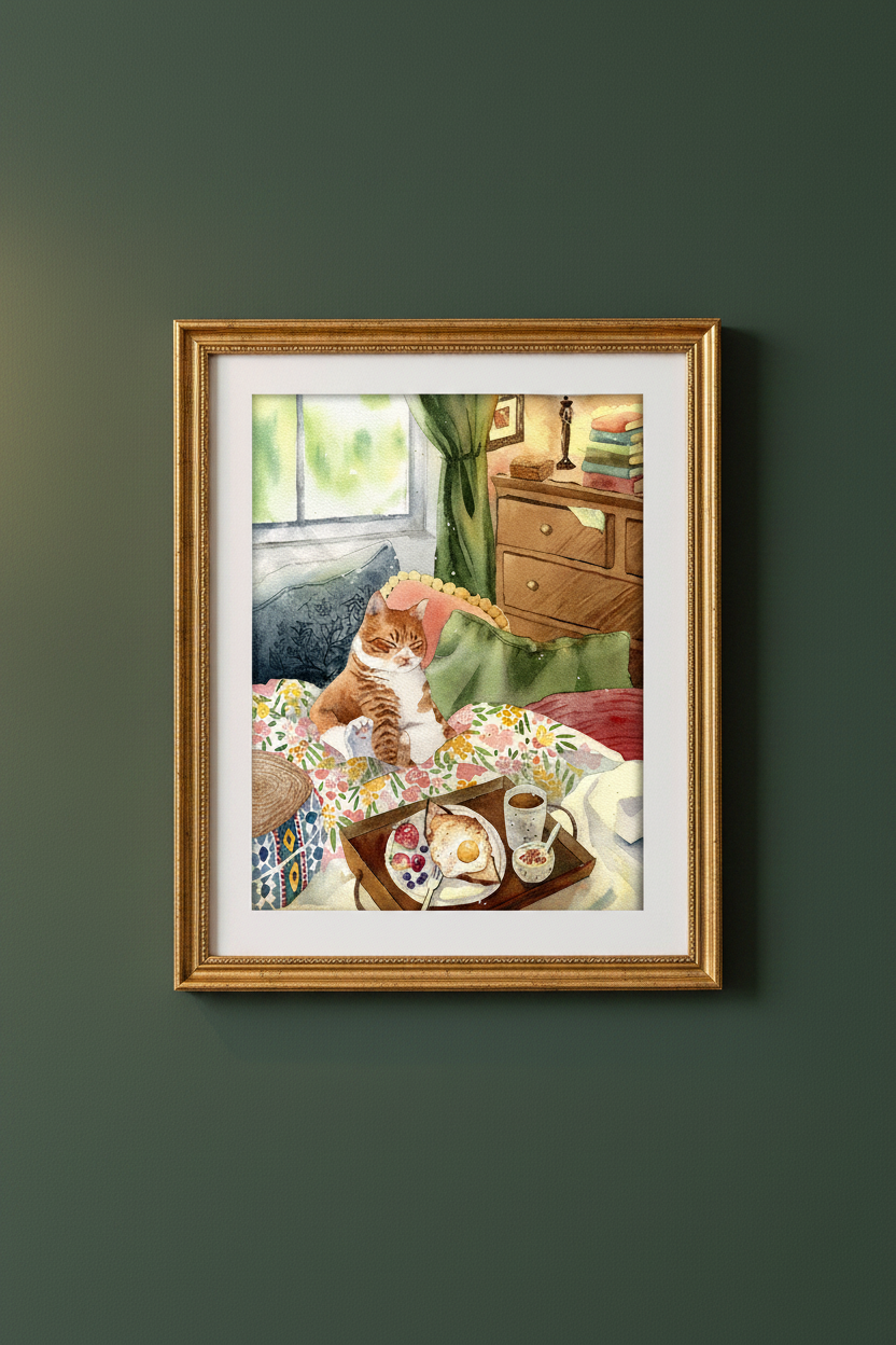 Fat Lord ginger cat art print in a gold frame on a sage green wall
