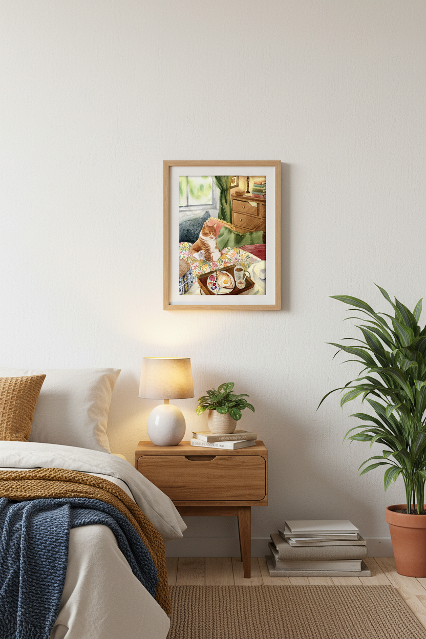 Fat Lord ginger cat watercolour print hanging in a cosy bedroom