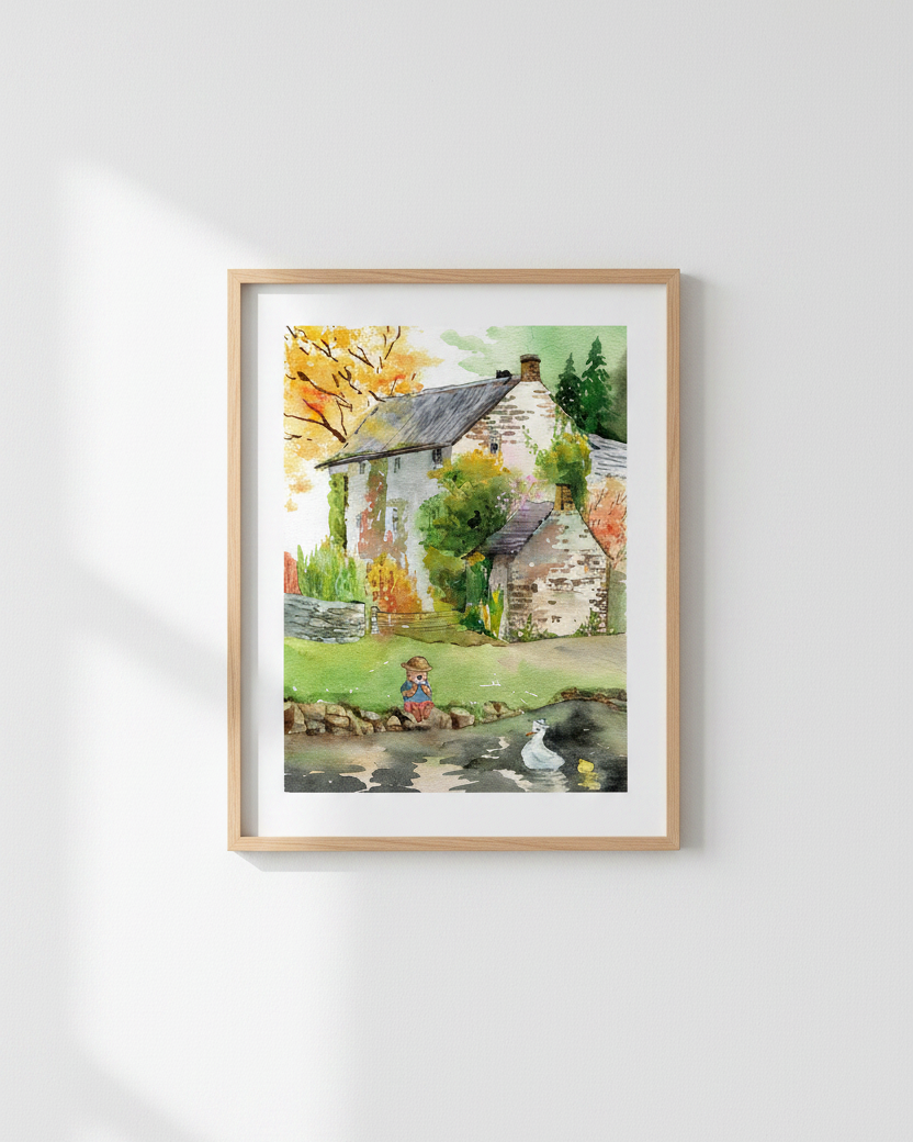 Forest cabin watercolour print shown in a frame