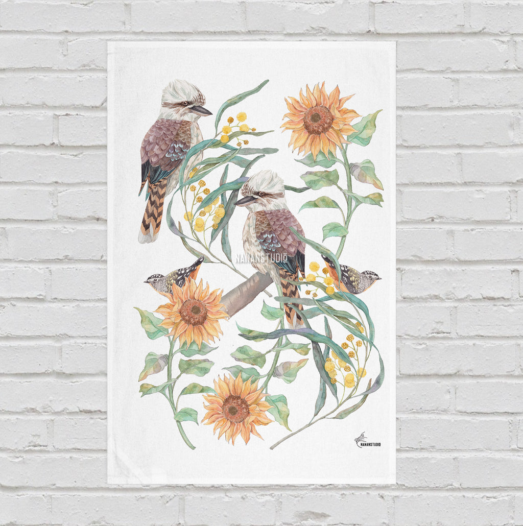Kookaburra, sunflower, golden wattle watercolour tea towel