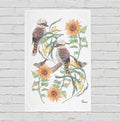 Kookaburra, sunflower, golden wattle watercolour tea towel