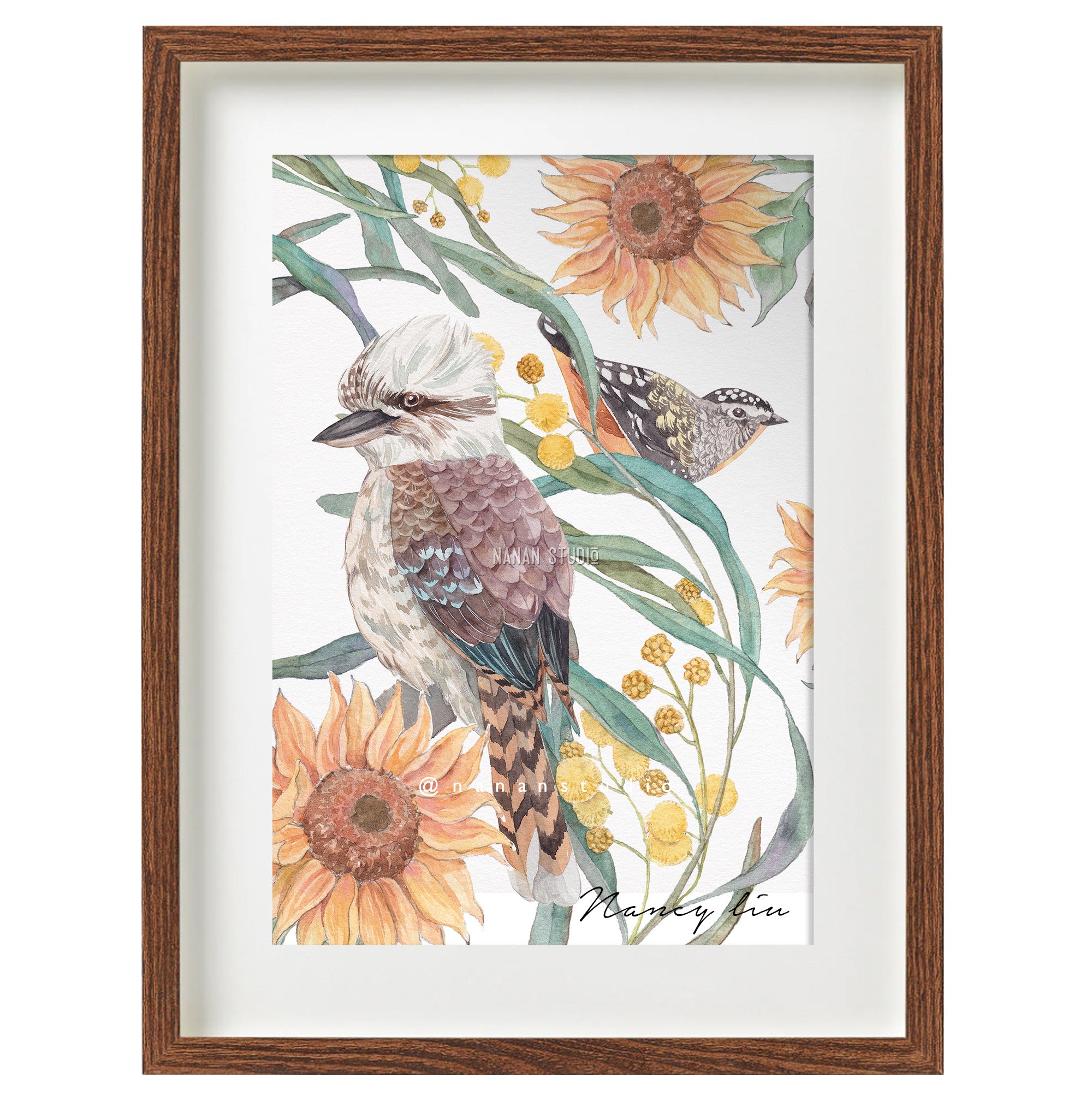 Golden age art print | Kookaburra, sunflowers