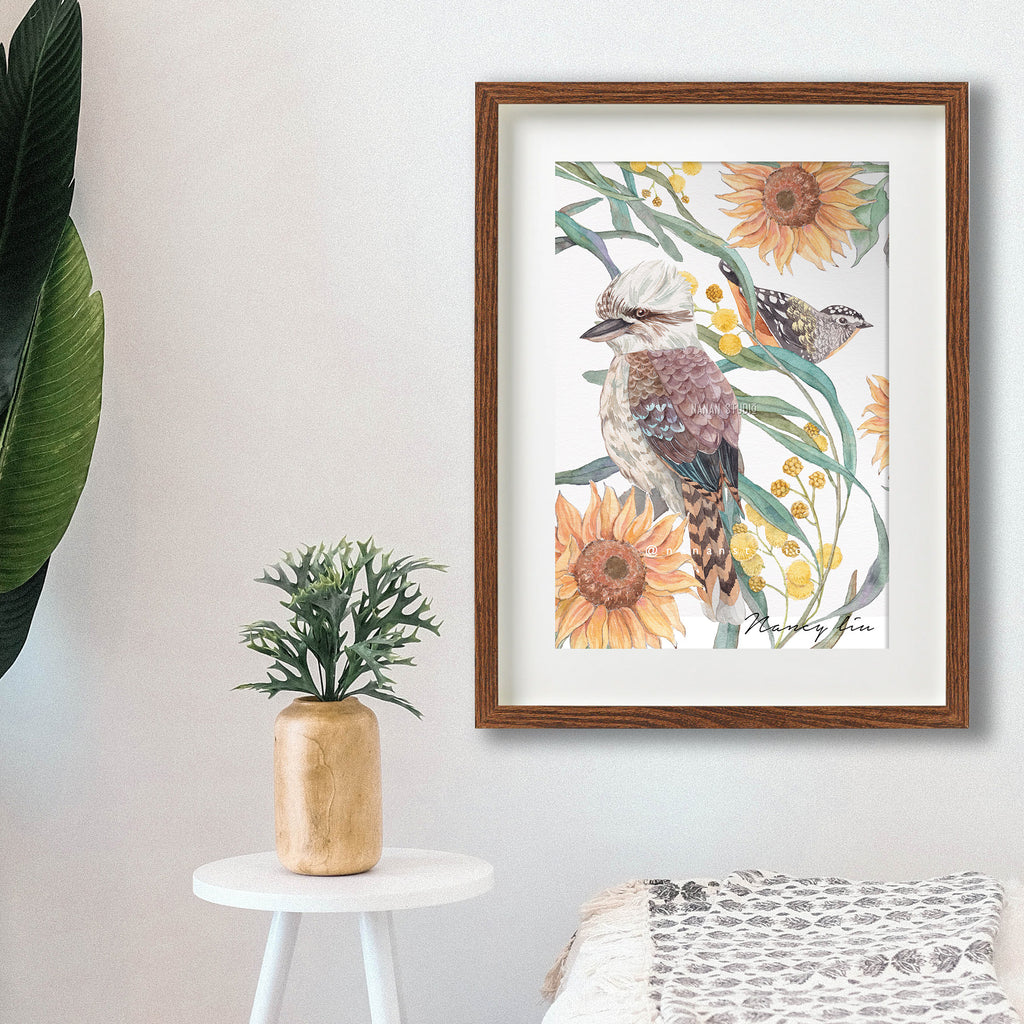 Golden age art print | Kookaburra, sunflowers