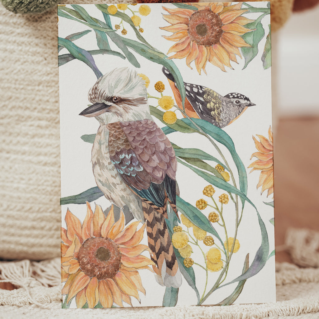 Golden age art print | Kookaburra, sunflowers