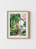 Watercolour print of a ginger cat hiding among Monstera, maidenhair fern and cactus