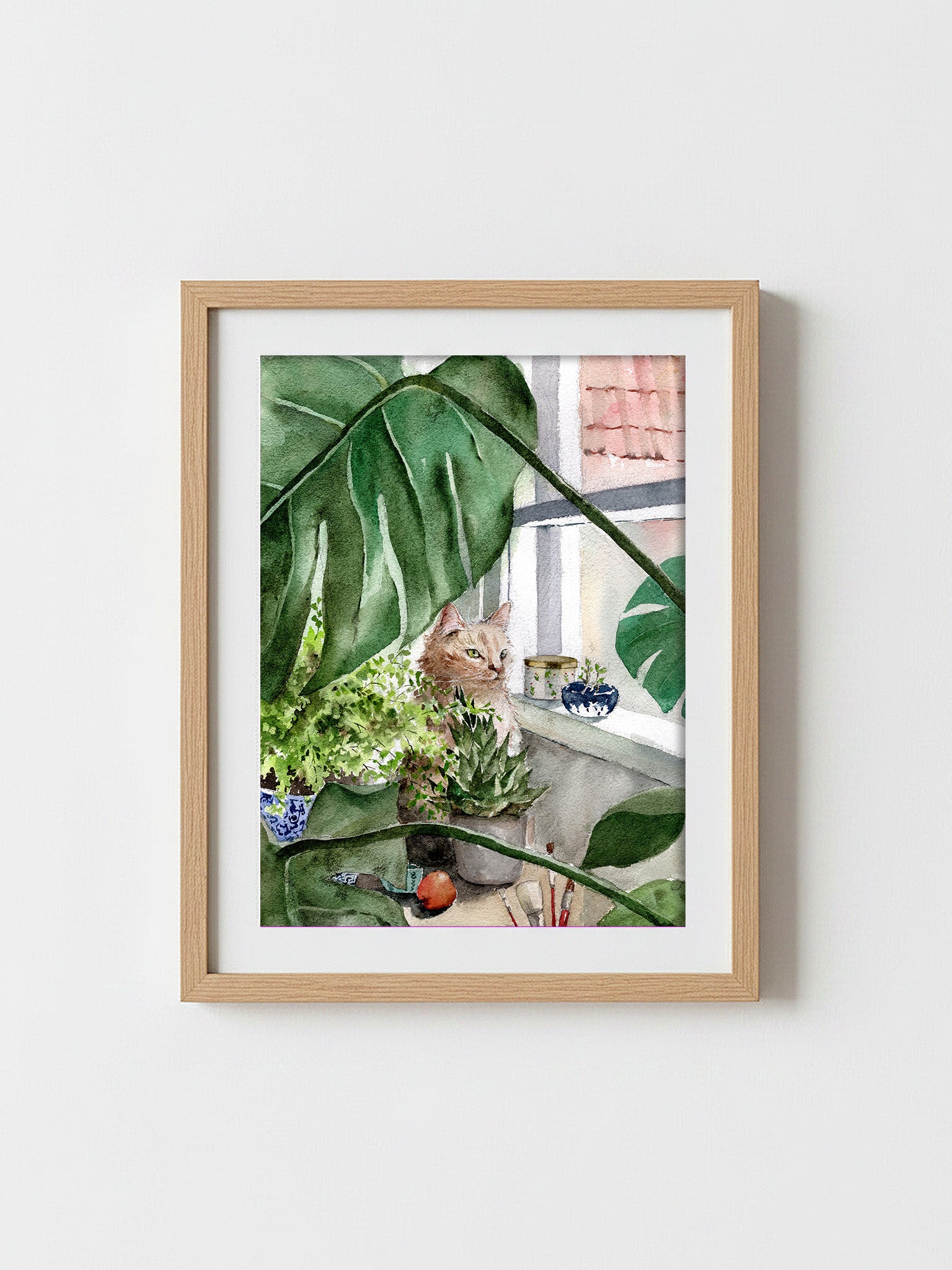 Watercolour print of a ginger cat hiding among Monstera, maidenhair fern and cactus
