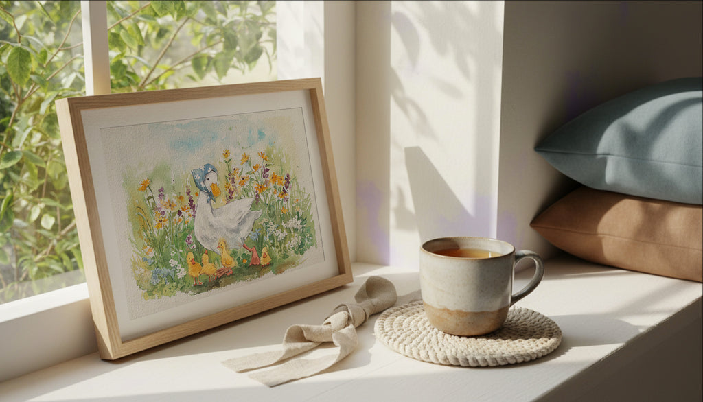 Mama Duck watercolour print styled on a wall in a home setting