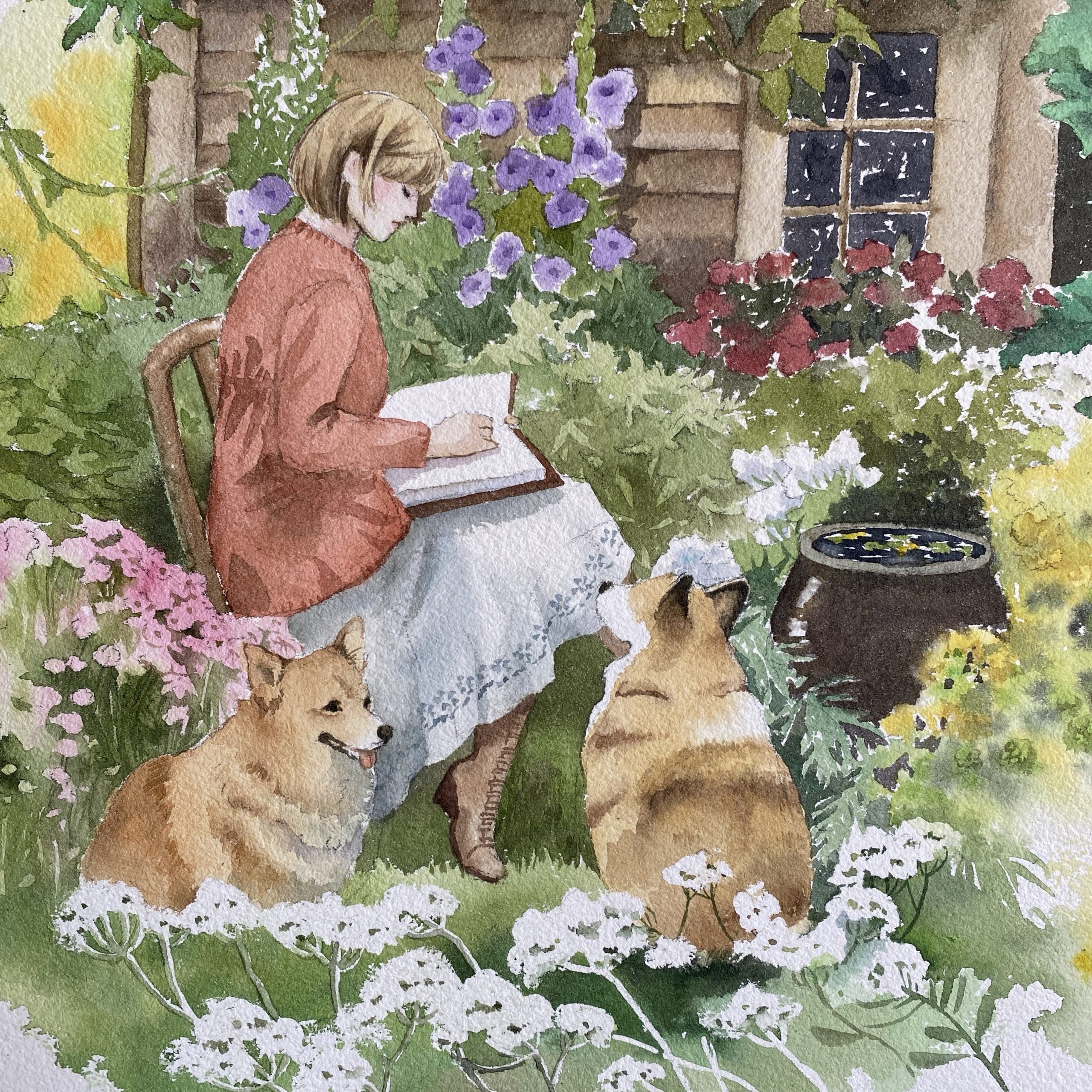 Serene Moments in the Garden with corgis - Giclée Art Print on Cotton Paper